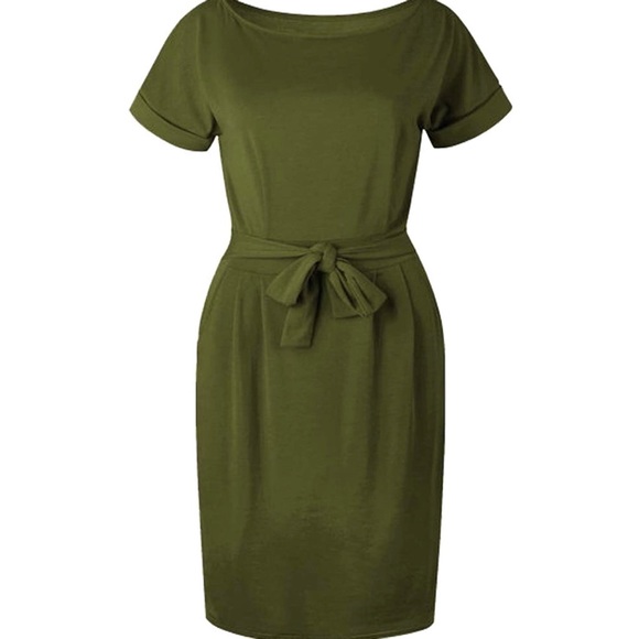 Short Sleeve Belted Pencil Dress with Pockets - Picture 4 of 6